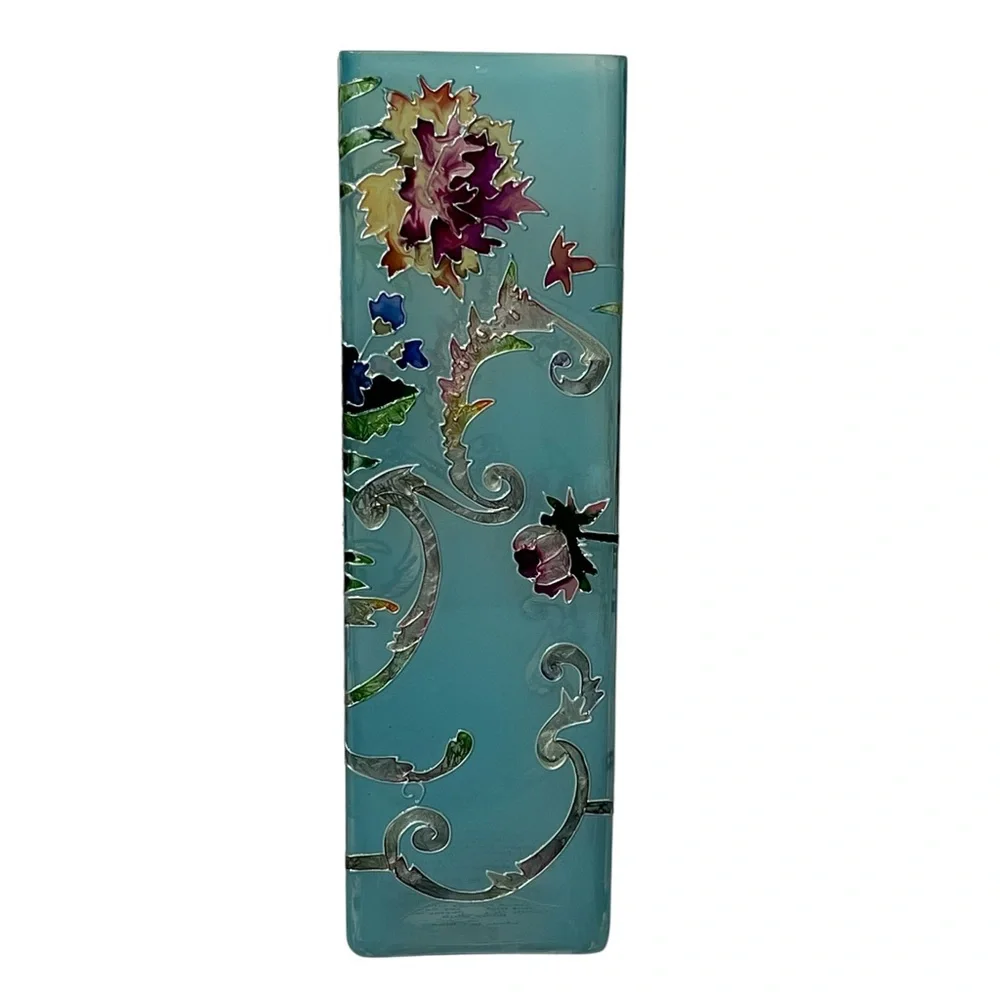 Joan Baker Hand Painted Stained Glass Sea‎ Glass Green Square Floral Rose Vase